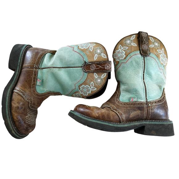 Justin's Turquoise Green & Brown Embroidered Flower "Gypsy" Cowboy Boots - Picture 6 of 9